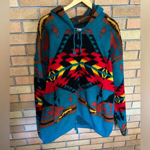 CAMPTEX 100% Wool Teal Aztec Southwest Full Zip Hooded Sweater Hoodie Size XL